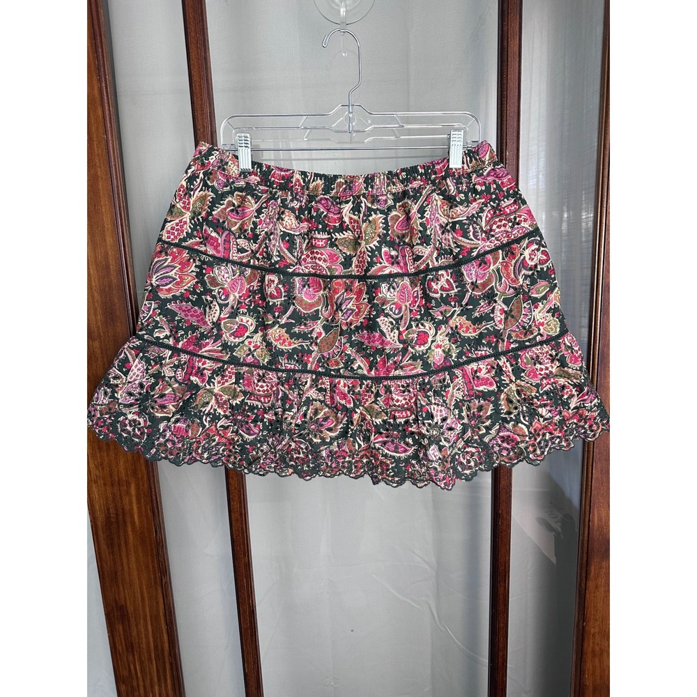 Jennifer & Grace Green Paisley Cotton Eyelet Tiered Mini Skirt CT2412M Womens L